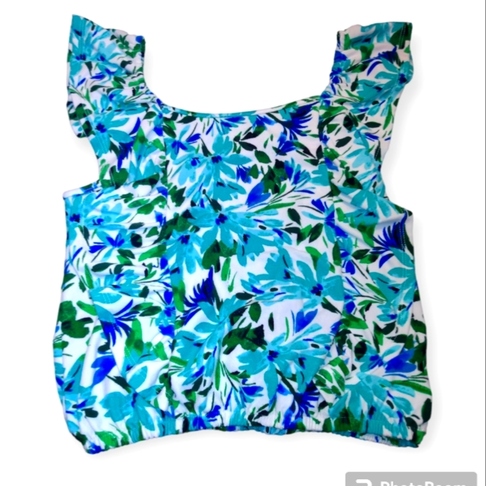 Speechless kids girls blouse blue green and aqua floral print w/ruffles